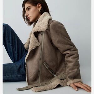 Commense Distressed Leather Fleece Aviator Jacket